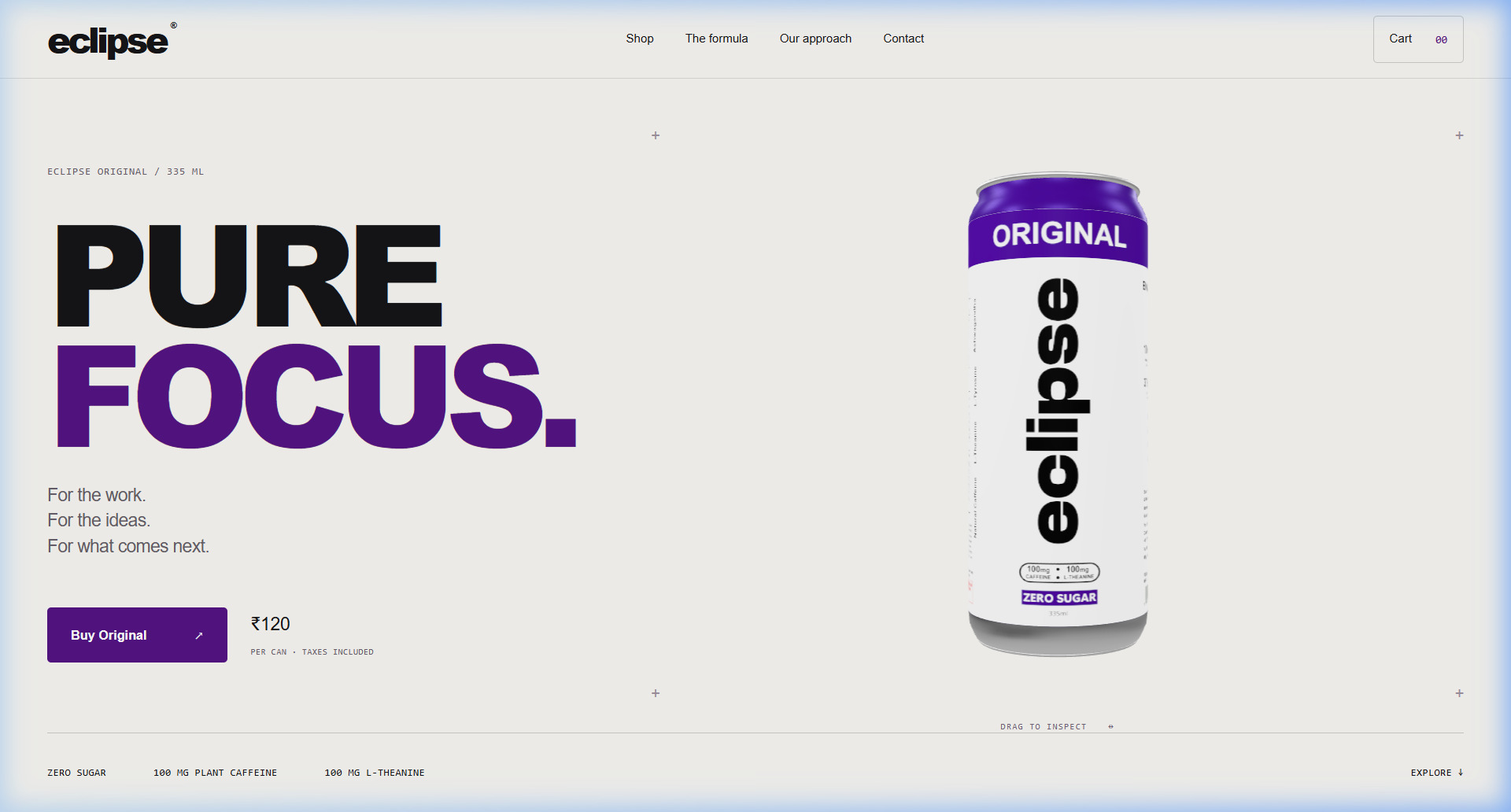 Eclipse DTC functional beverage landing page featuring 3D product canvas built with Three.js and React
